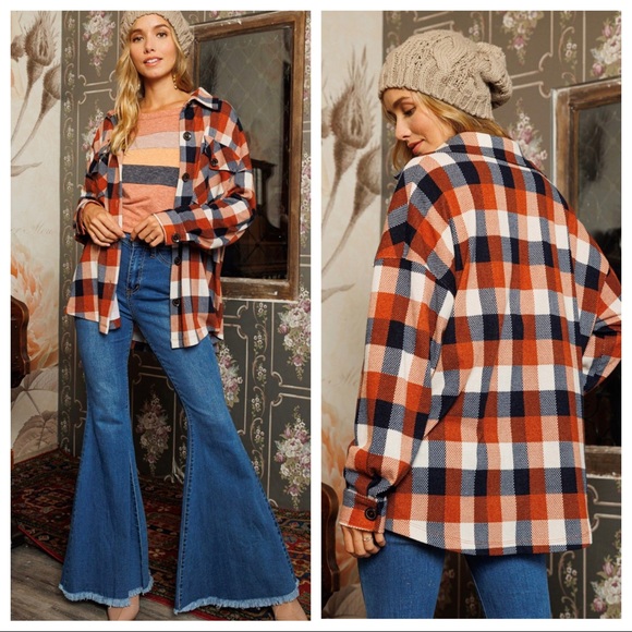 #07 Boho Retro Plaid Pattern Fabric Long Sleeve Shacket - Picture 3 of 6